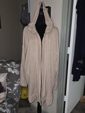 204 Mono B Taupe Hooded Open-Front Lightweight Draped Jacket